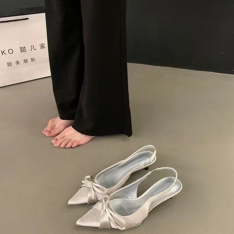 Women Sandals French Gentle Style Bow Design High Heel Silk Niche Shoes Pointed Toe Slip-on Trendy Triple Black Silver Apricot Free shipping