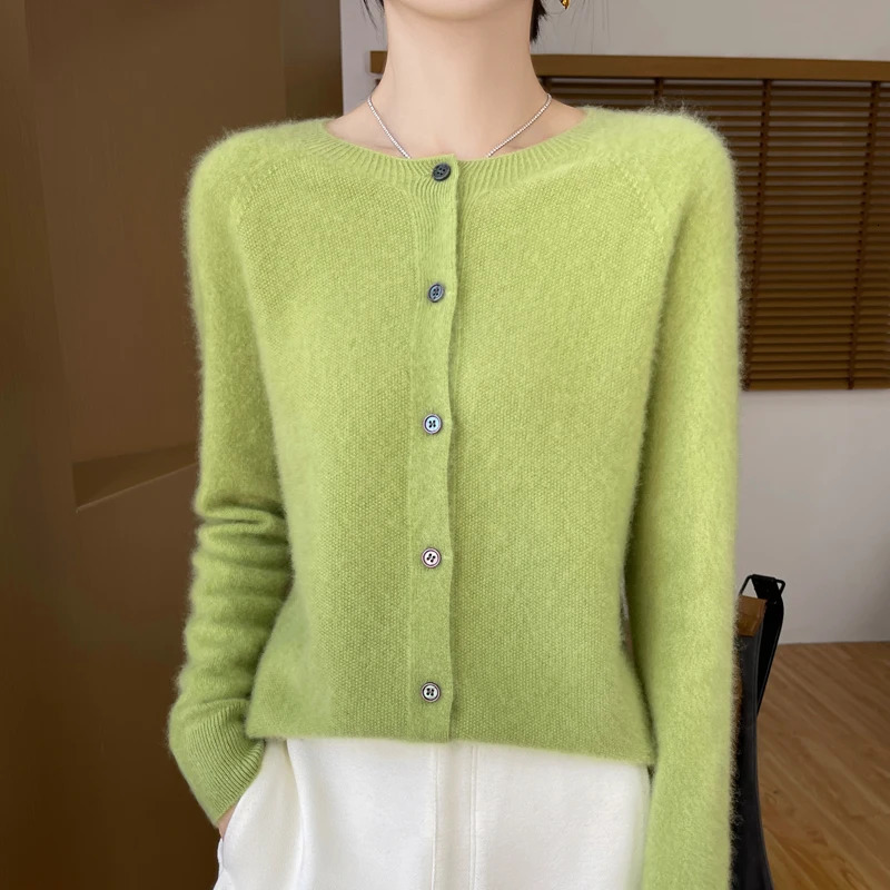100% Merino wool long sleeved sweater cashmere cardigan spring and autumn womens O-neck knitted top fashionable basic top 241216