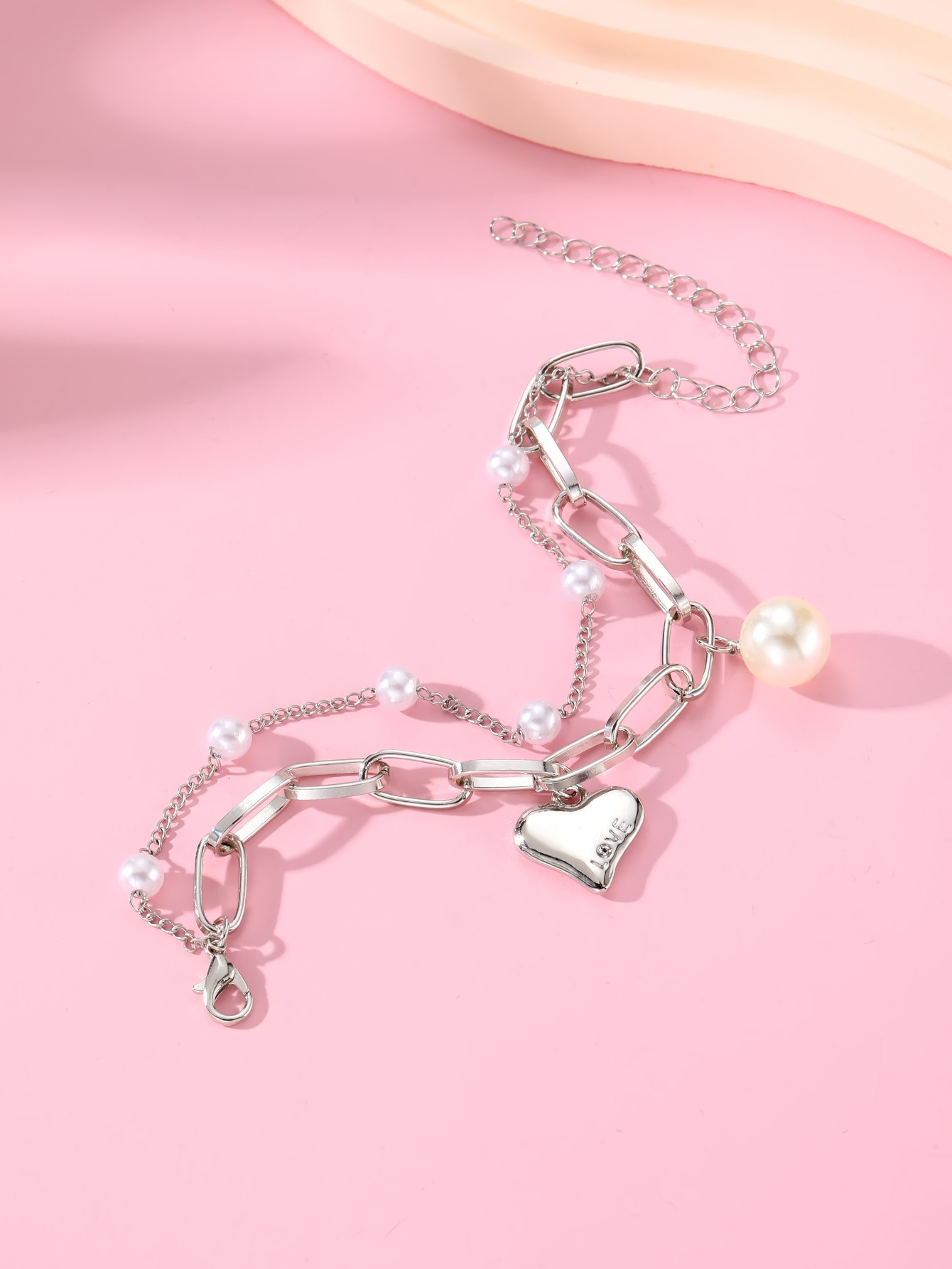 Double-Layer Charm Bracelet with Pearl Heart Pendant for Women - Trendy Fashion Jewelry Y2K 2025 Stainless Steel Gold Plated Hiphop Star Pearl Lover B