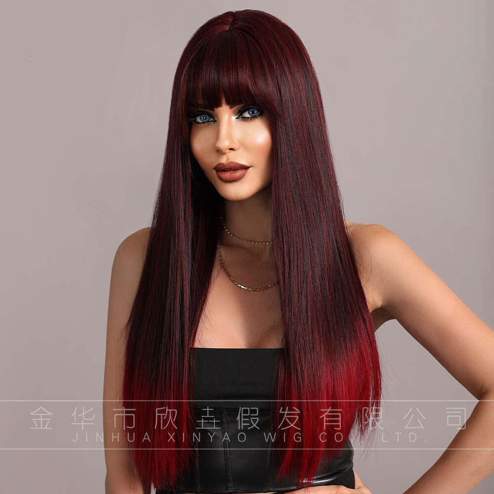 Attention To Ordering - Wig Straight Style Black Gradient Red Long Curly Hair Wig Headband Full Top 24 Inches Kq9 Kq9