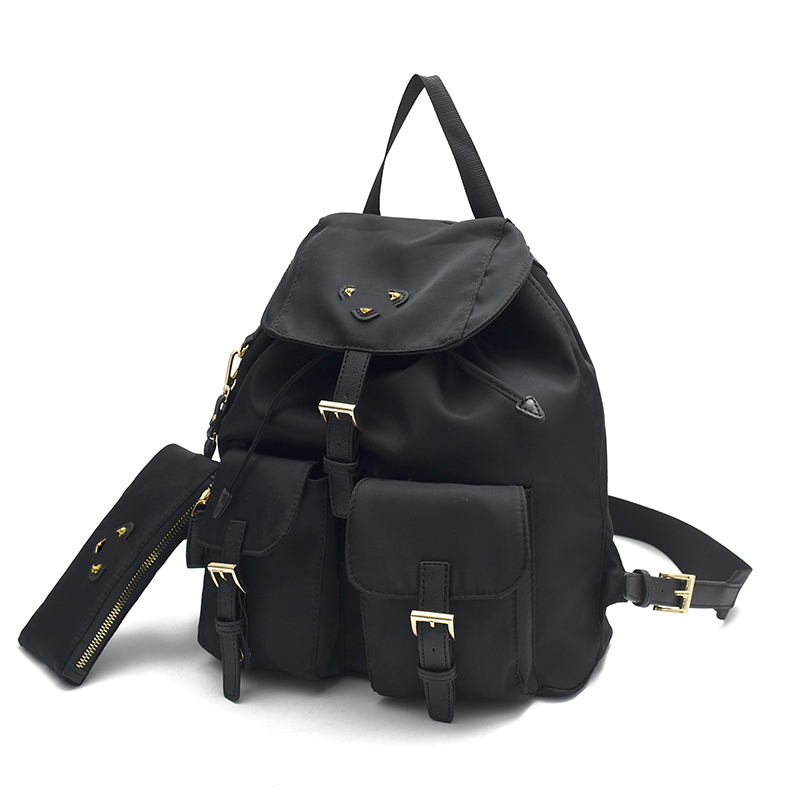 Designer Re-Nylon Backpack for Women, Fashion Cover Daypack Rucksack with Clutch Bag Black Color YaLi05