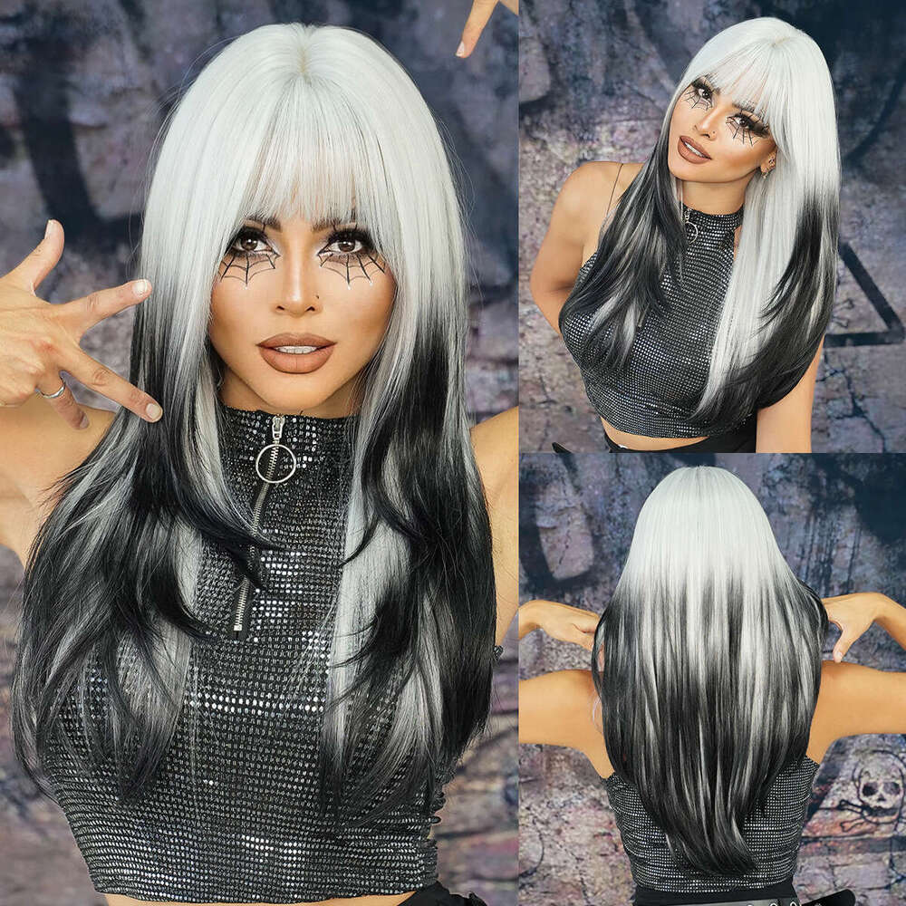 Ladies' Party Siamese Cat Sier White Gradient Black Long Straight High Level Wig Full Headset Kq9 Kq9