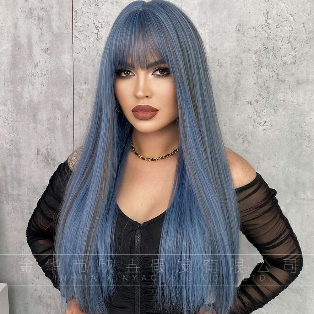 Female Long Straight Hair With Bangs, 61Cm Mermaid Blue Dyed Synthetic Full Head Set, Internet Famous Wig Kq9 Kq9