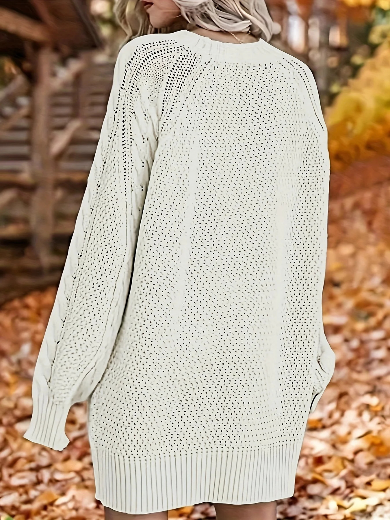 Comfortable womens long sleeved cable knit dress casual solid color crew neckline loose fit suitable for daily wear 241212