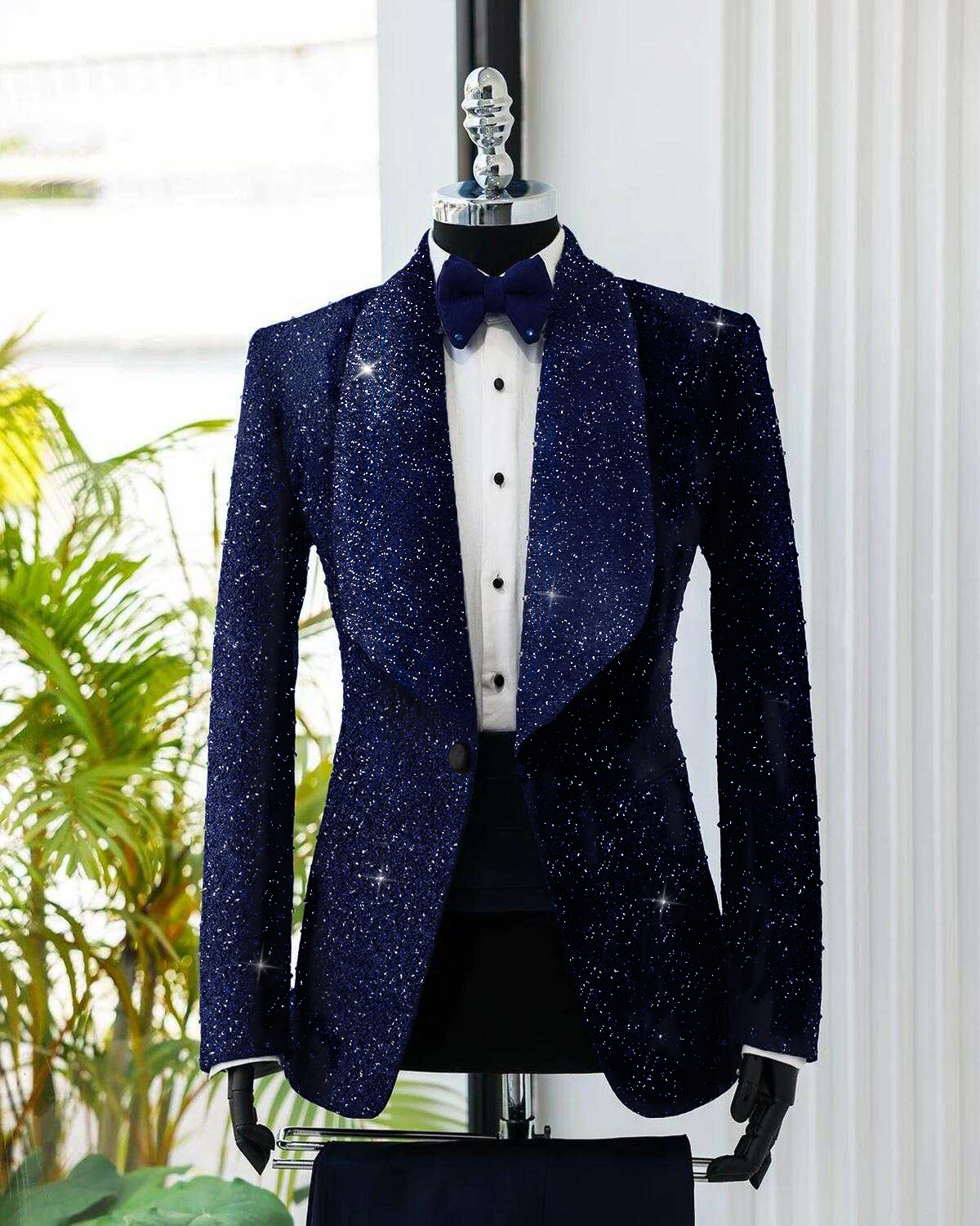 Bling Men Suits Sequins 2 Piece Set Jacket Pants Shawl Lapel Wedding Tuxedos One Button Fashion Groom Tuxedo suit Customized
