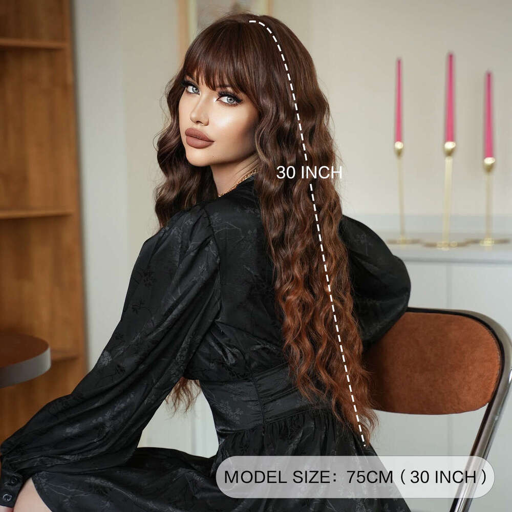 Female Water Curled Long Hair Wave Wig Full Headset High Temperature Silk Fiber Brown Wigs Kq9 Kq9