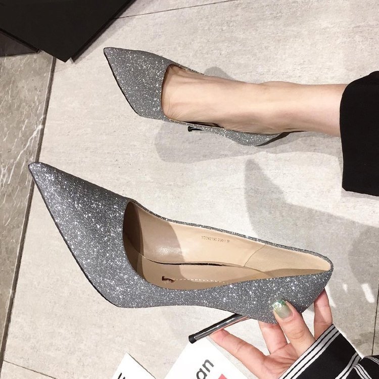 Women Dress Shoes High Heel Pointed Toe Slim Sequin Fashion French Sexy Plus Size Triple Black Gold Silver Free shipping
