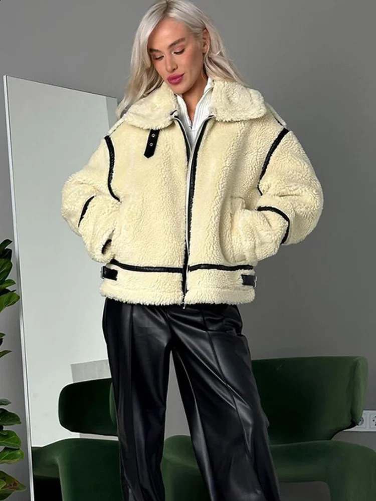 Causal Contrast Lapel Collar Short Wool Fur Coats For Women Fashion Long Sleeve Zipper Female Jacket Winter Warm Daily Wear 241217