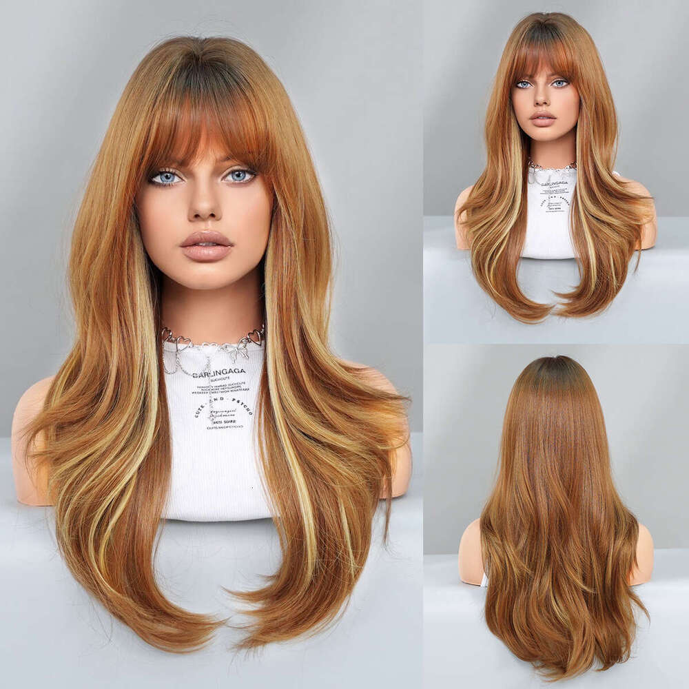 Wig Women's Full Head Set, Green Brown, Dyed Gold, Bangs, Long Curly Hair Nism, Synthetic Wig Kq9 Kq9