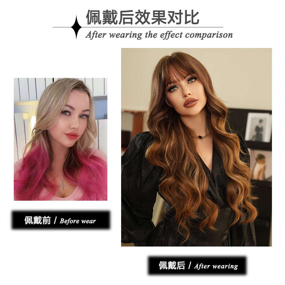 Wig New Gold Spot Dyed Long Curly Hair With Big Wave Bands And Liu Hai Chemical Fiber Head Cover Wavy Wigs Kq9 Kq9