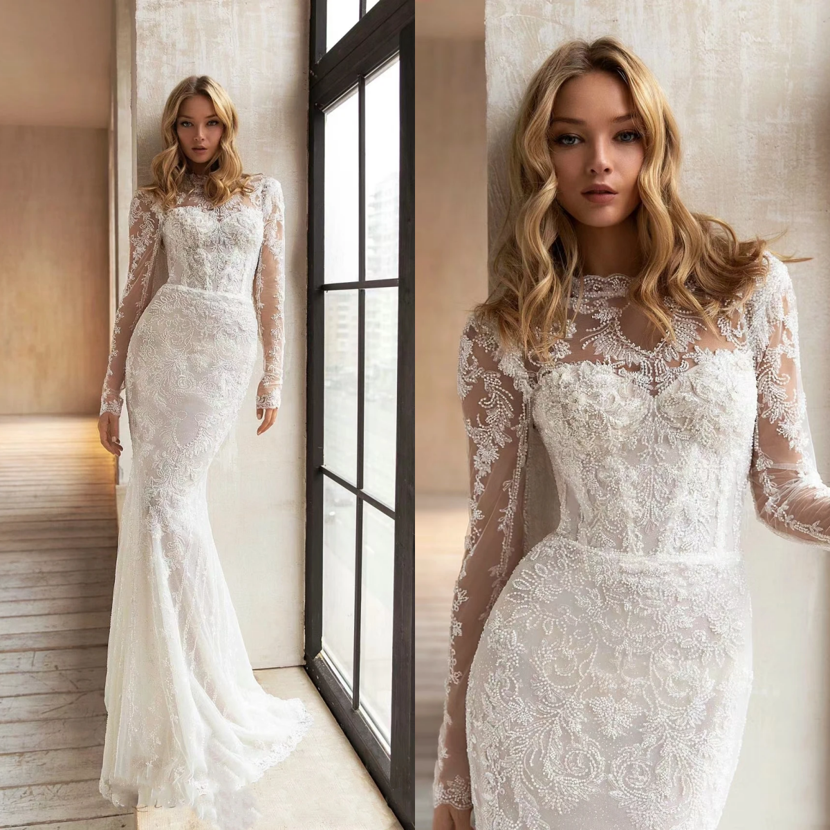 Classic Mermaid Wedding Dresses For Women High Collar Long Sleevess Gown Sequins Appliques Detachable Train Customized Dress