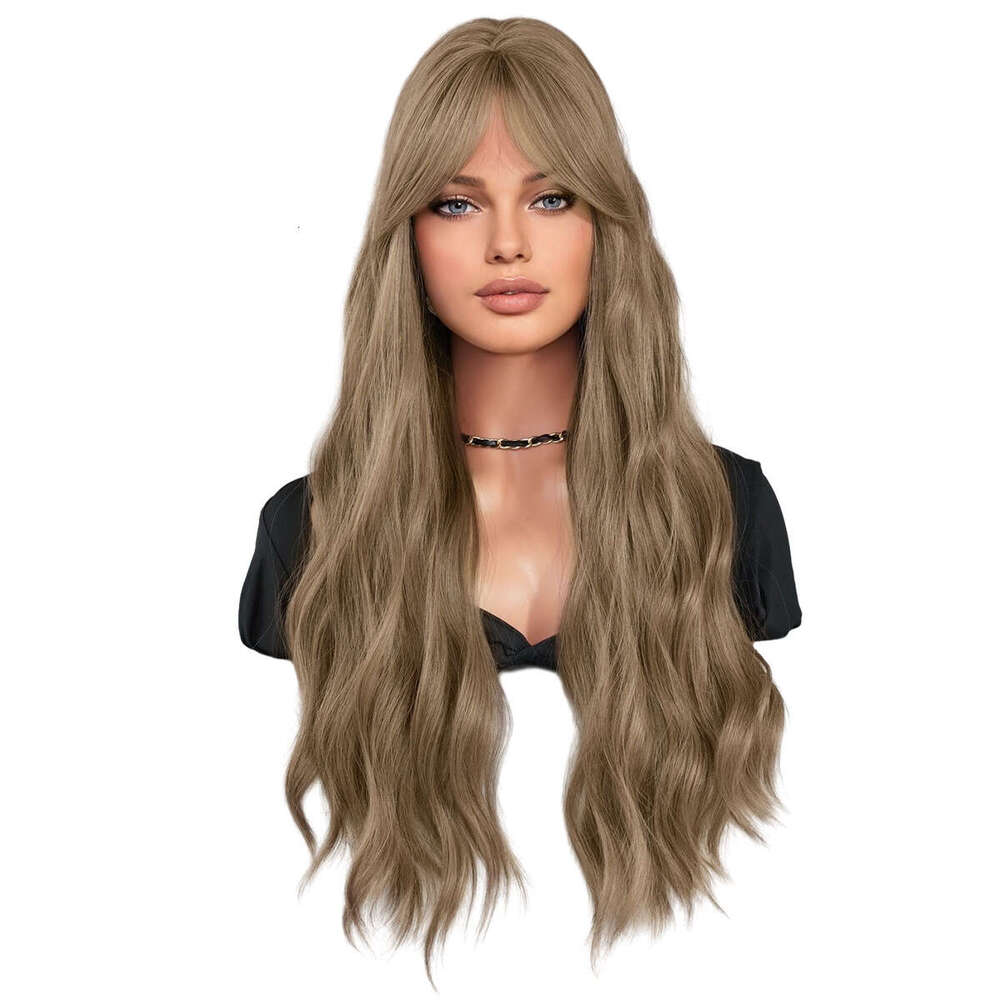 Japanese And Korean Women's Long Curly Hair Fog Tea Light Brown Eight Character Bangs Wave Synthetic Wig Kq9 Kq9