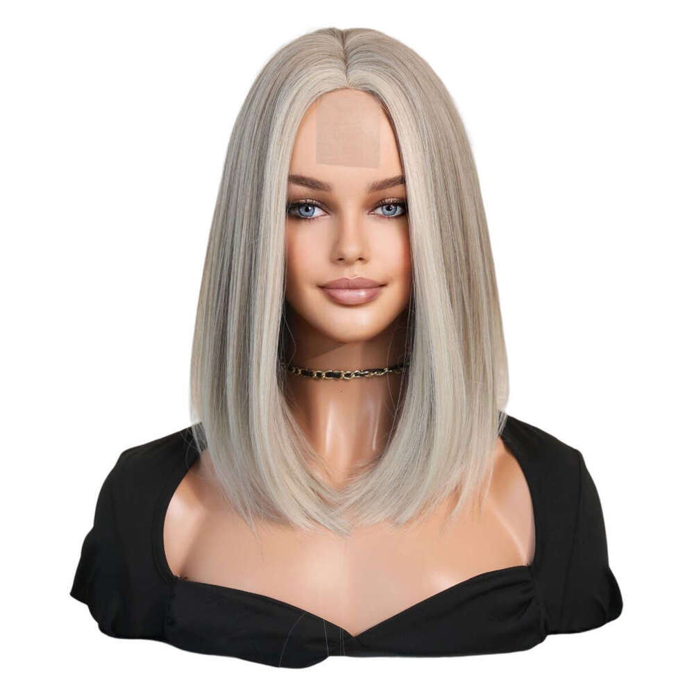 Hand Woven Small Lace Wig, Women's Gold Shoulder Length Straight Hair With Fetal Hair, Bangs Dyed Synthetic Bob Wig Kq9 Kq9