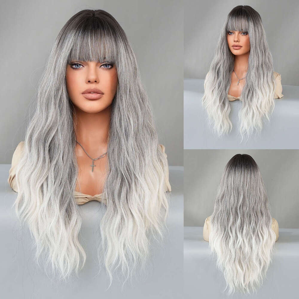 New Women's Wig Gray Gradient Long Curly Hair Big Wave Synthetic Full Head Cover Ombre Grey Wig Kq9 Kq9
