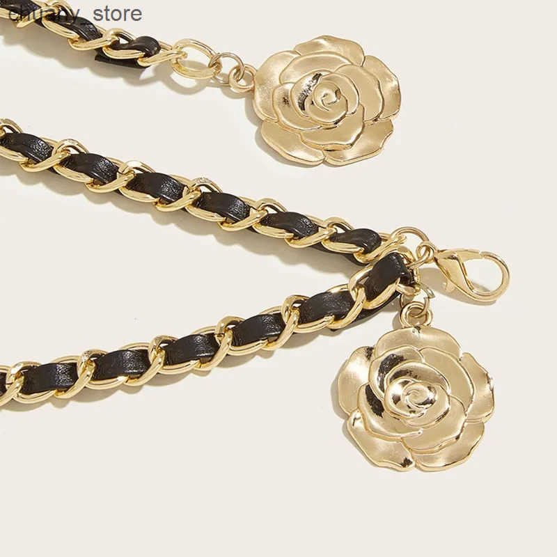 Belts High quality metal belt womens round flower pendant chain belt womens thin belt dress decoration L240910