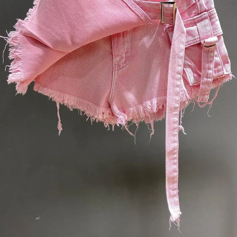 Irregular Pink Denim Skirt Women's Summer High Waist Slimming False Two-Piece A- Line Short Mini Skirt