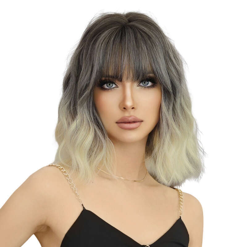 Wig For Women Short Hair, Wavy Curls, Full Head Cover, Sier White, Painted With Japanese And Korean Bangs, Gradient Wig Kq9 Kq9