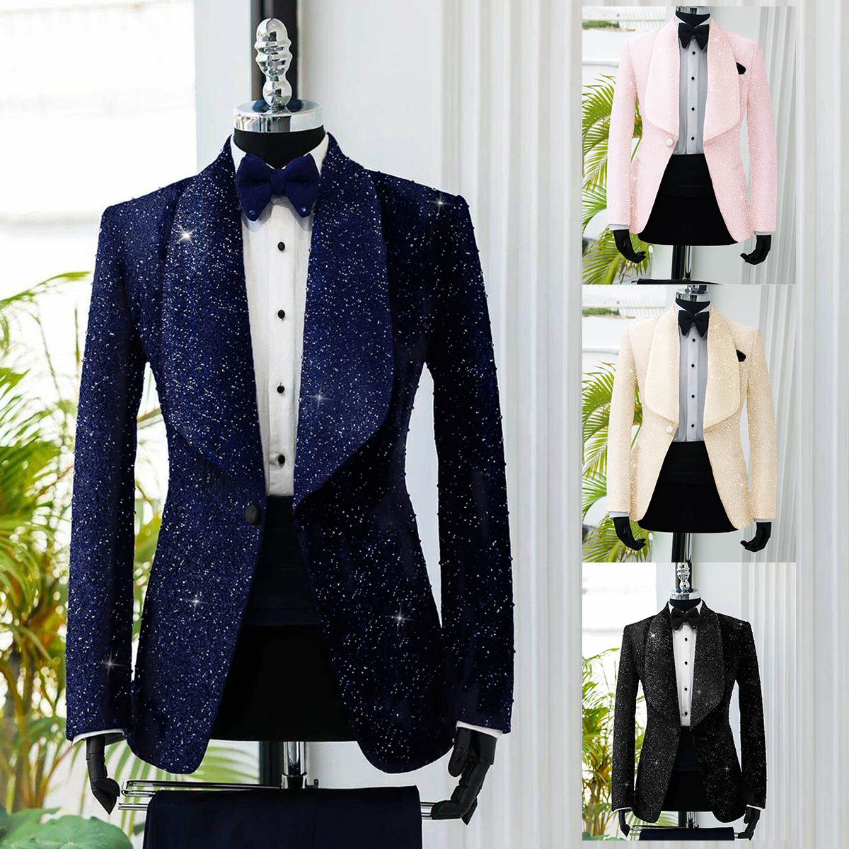 Bling Men Suits Sequins 2 Piece Set Jacket Pants Shawl Lapel Wedding Tuxedos One Button Fashion Groom Tuxedo suit Customized