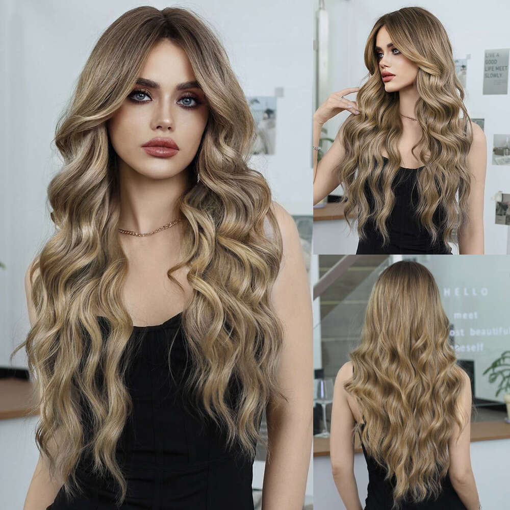 Bronze Gold Wig For Women, Fashionable Long Curly Hair With Eight Character Bangs, Big Waves, Synthetic Full Head Set, Wavy Wig Kq9 Kq9
