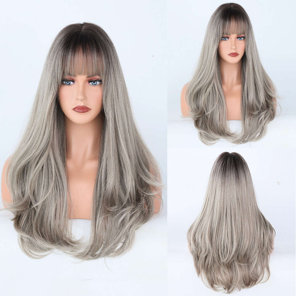 Order Women's Long Curly Hair With Bangs, 58Cm Beige Gray Dyed Fiber Wig, Full Top 22Inch Kq9 Kq9