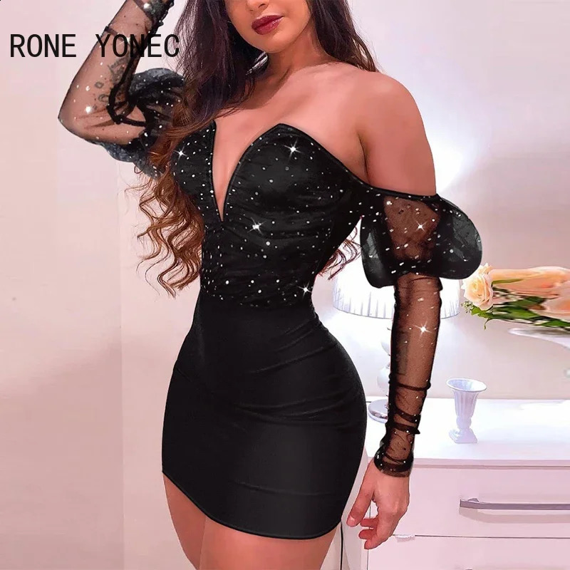 Women Sexy Deep V Neck Off Shoulder Lantern Sleeves Rhinestone Mini Bodycon Party Black Dresses 241216