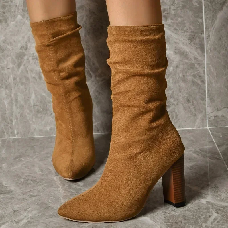 Womens Mid Calf Boots Autumn Women Heeled Shoes Black Large Size Pointed Toe Chunky Heel Comfortable Suede Boot 241216 - view 3