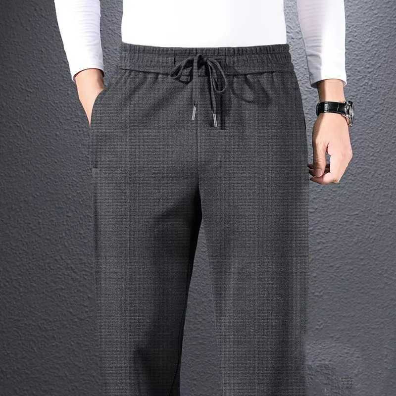 High Quality Autumn New Straight Waffle Pants Mens Elastic Waist Drawstring Print Plaid Pockets Korean Loose Sports Casual Trousers T241217