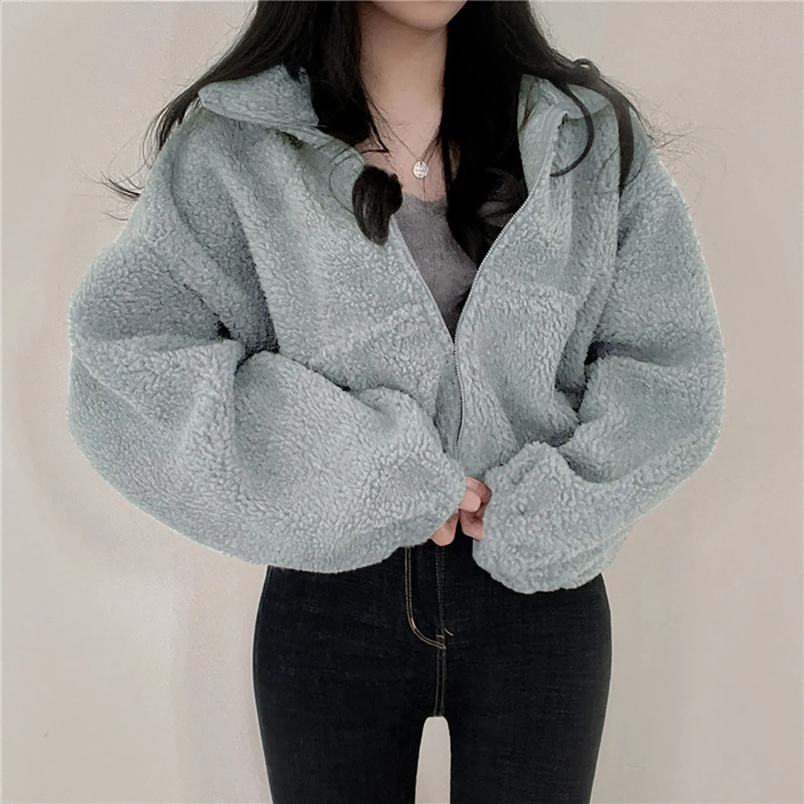 Womens Zipper Sweatshirt Winter Zipper Jacket Wool Hoodie Thickened Warm Womens Stand up Collar Short Loose Plush Coat Top 241217