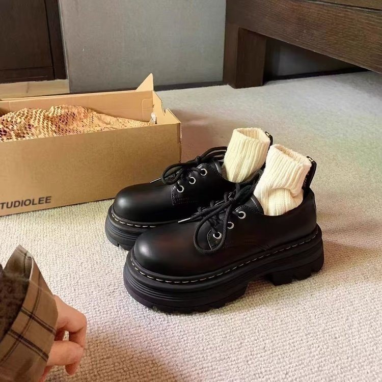 Women Casual hot Fashion Thick Sole Loafers Shoes Round Toe Retro Low-top Versatile Triple Black Coffee Free shipping