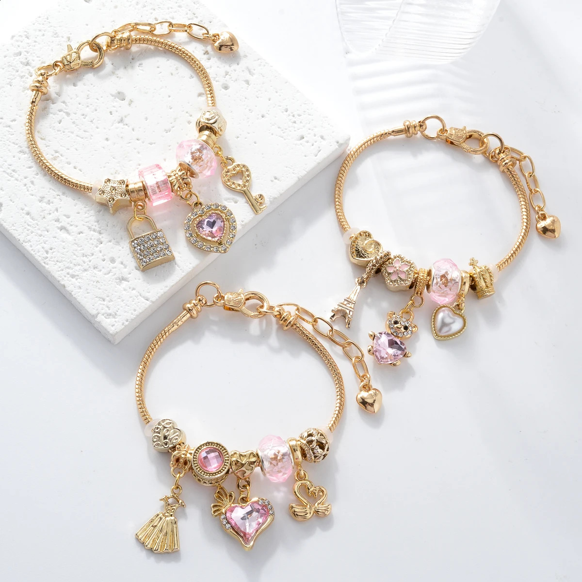 Premium Stainless Steel Charms Bracelet For Women Y2K Glazed Gem Beads Key Lock Love Hanging bracelet Gifts 241216