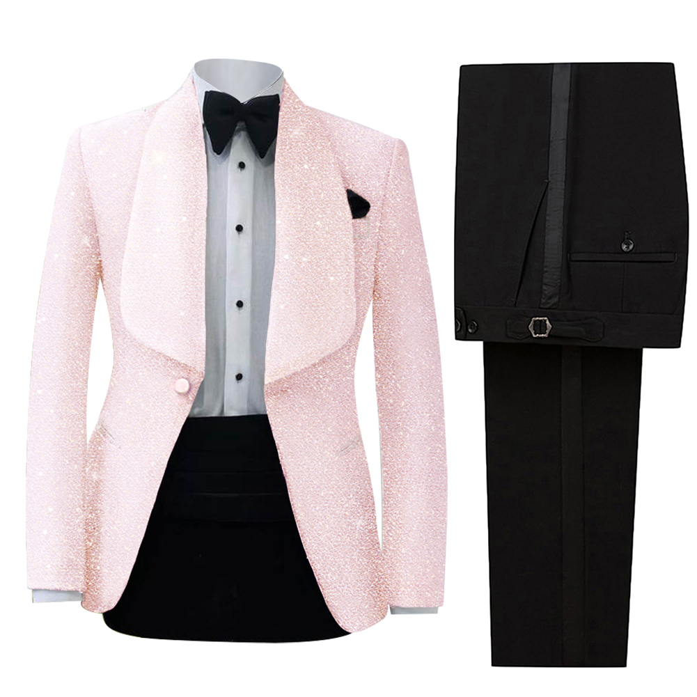 Bling Men Suits Sequins 2 Piece Set Jacket Pants Shawl Lapel Wedding Tuxedos One Button Fashion Groom Tuxedo suit Customized