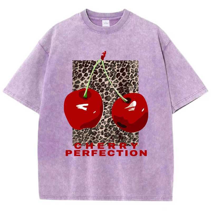 Women's T-Shirt Cherry perfection Washed T Shirt Women Cotton Leopard Prints Oversize Tops Vintage Black O-Neck T-Shirts Summer Woman Clothes Y24