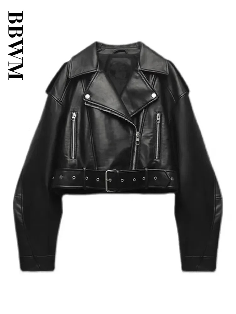 TRAF Women Oversized Vintage Loose Pu Faux Leather Short Jacket With Belt Streetwear Female Zipper Retro Moto Biker Coat Outwear