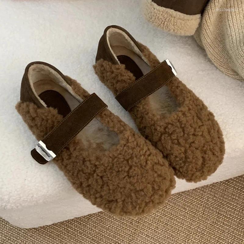 Casual Shoes Fur Flats Women Loafers Shallow Short Plush Cotton Buckle 2025 Warm Winter Walking Cozy Chaussures Lady