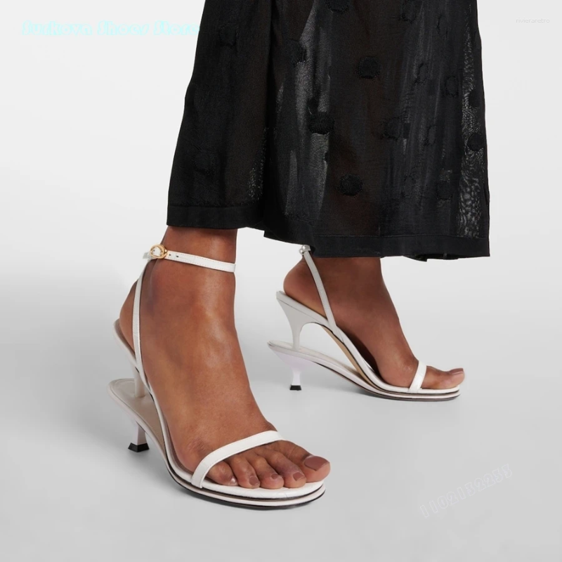 Sandals Surkova Women's Les Doubles Leather Fashion Round Open Toe Buckle Strap High Heels Summer Party Dress Strappy Stilettos