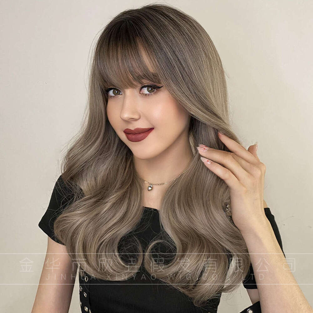 Order Women's Long Curly Hair With Bangs, 58Cm Beige Gray Dyed Fiber Wig, Full Top 22Inch Kq9 Kq9