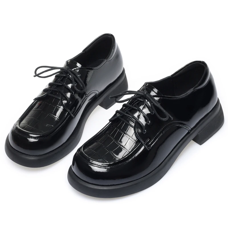 AIYUQI Women Loafers Non-slip Genuine Leather Thick Heel Casual Women Shoes Round Toe British Lace-up Shoes for Ladies