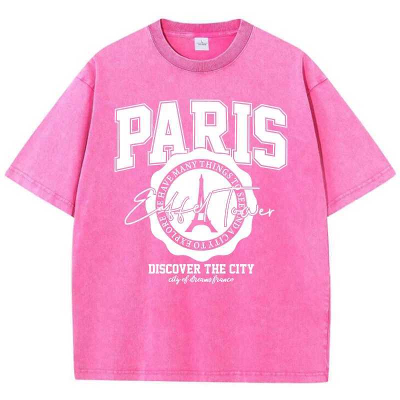 Women's T-Shirt Casual Woman Acid Wash T-Shirts Paris Discover The City Prints Ts Distressed Oversize Cotton Short Slve Trend Female Clothes Y241