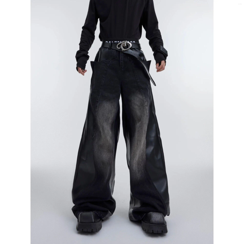 Men's Jeans Vintage Baggy Men Clothing Street Fashion Hip Hop PU Leather Splicing Washed Mens Casual Versatile For