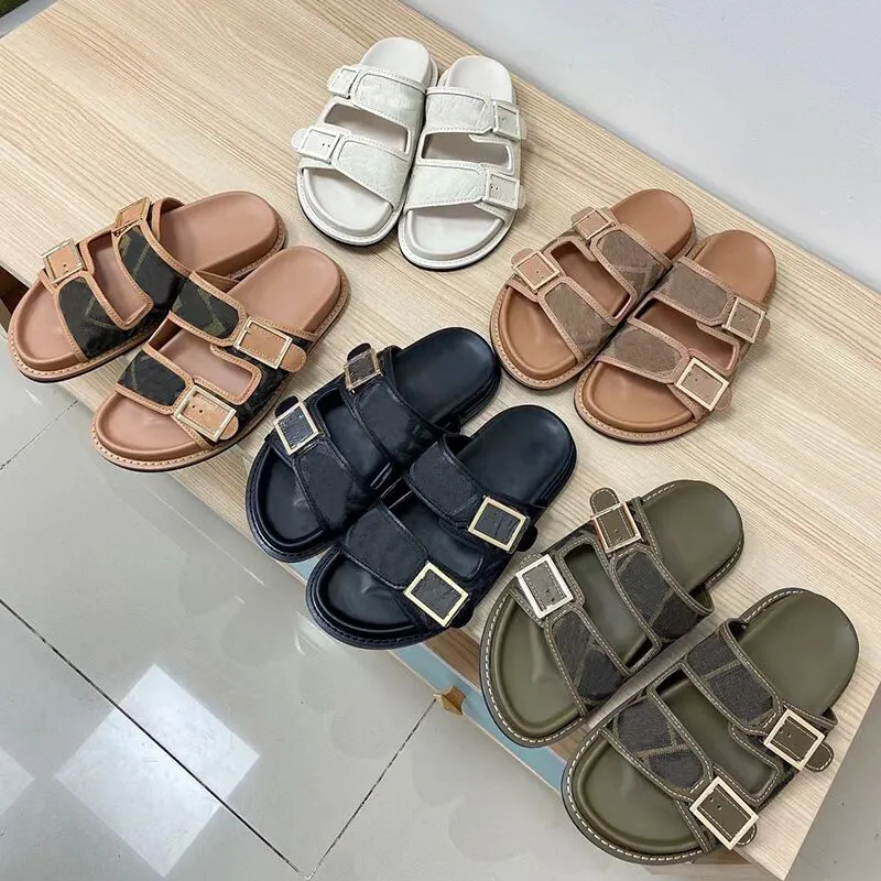 Sandales Designer Homme Femme Slides Toile Double Bride Semelle Plate Boucle Mule Dessous Cuir Plage Semelle Caoutchouc Été Tongs Avec Boîte US4-