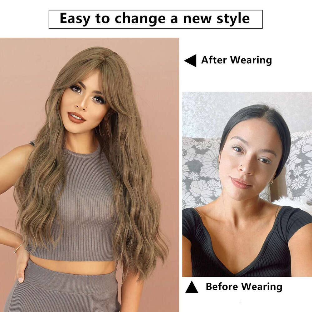 Japanese And Korean Women's Long Curly Hair Fog Tea Light Brown Eight Character Bangs Wave Synthetic Wig Kq9 Kq9