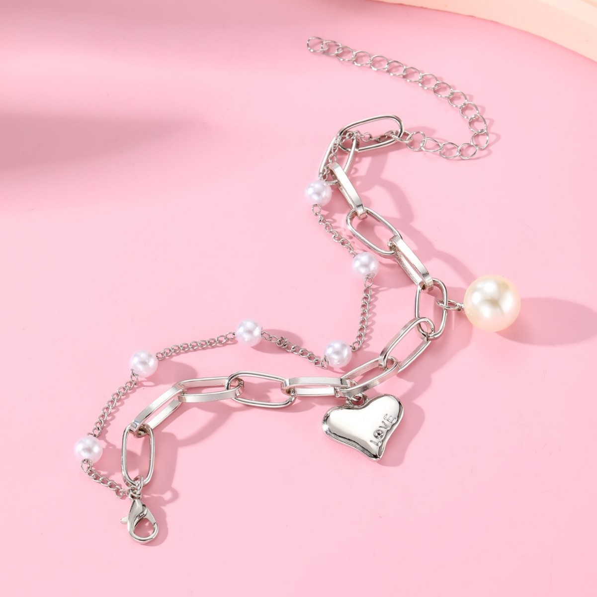 Double-Layer Charm Bracelet with Pearl Heart Pendant for Women - Trendy Fashion Jewelry Y2K 2025 Stainless Steel Gold Plated Hiphop Star Pearl Lover B
