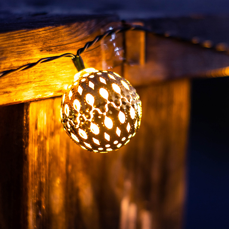 LED Solar Moroccan Globe Light String with Ironwork Metal Holes for Outdoor Garden Decoration