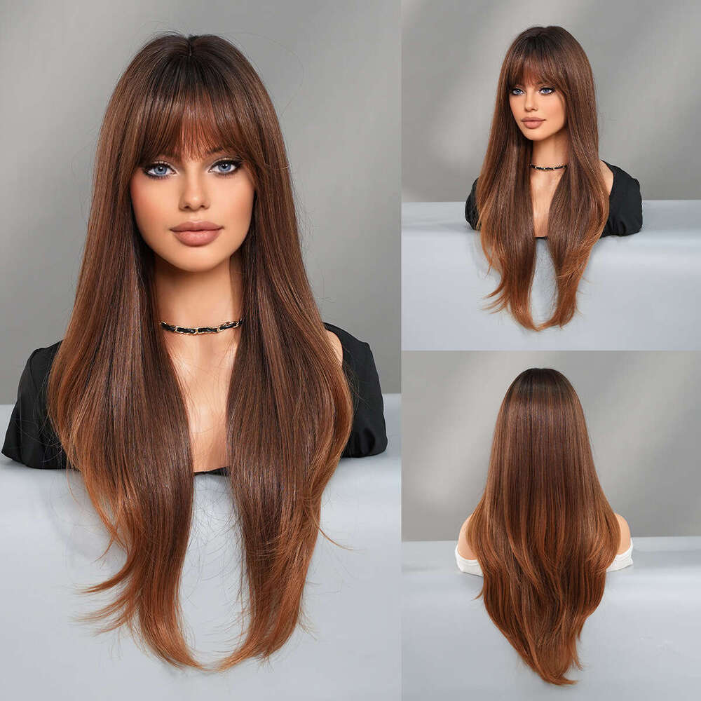 Ladies' Bangs Brown Gold Gradient Fashion Layer Long Hair Natural Daily Full Head Set Synthetic Wig Kq9 Kq9