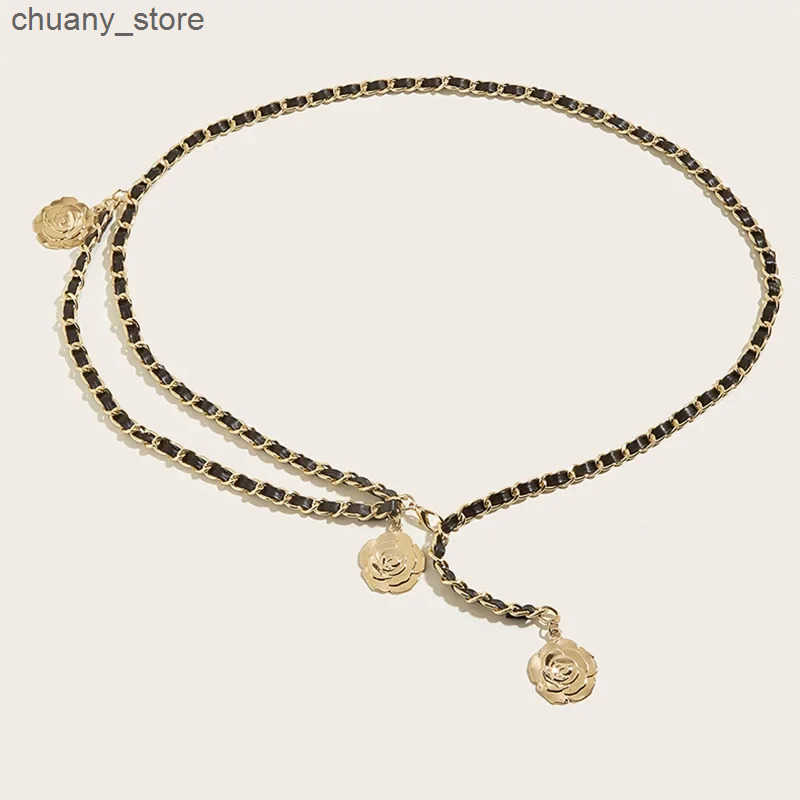 Belts High quality metal belt womens round flower pendant chain belt womens thin belt dress decoration L240910