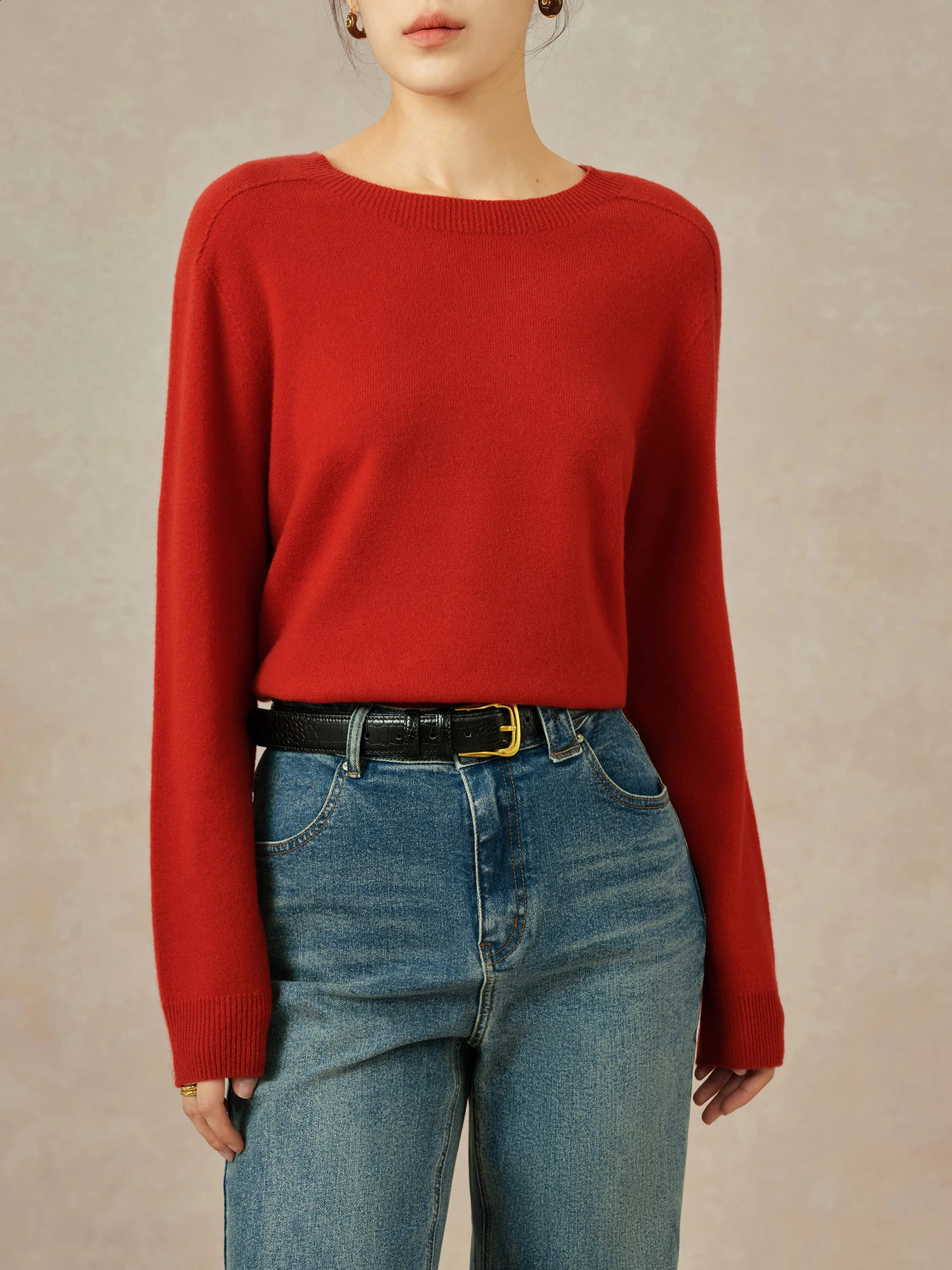 DUSHU 5 ColorsWomen Wool Pullover 100 Round Neck Beige Simple Female Winter Long Sleeve Sweater Top 24DS8407324DS84054 241216
