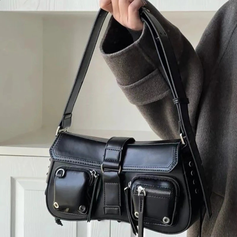 Vintage Pu Leather Black Womens Shoulder Bags Fashion Ladies Gothic Underarm Bag Y2k Cool Girls Female Tote Handbags 241216