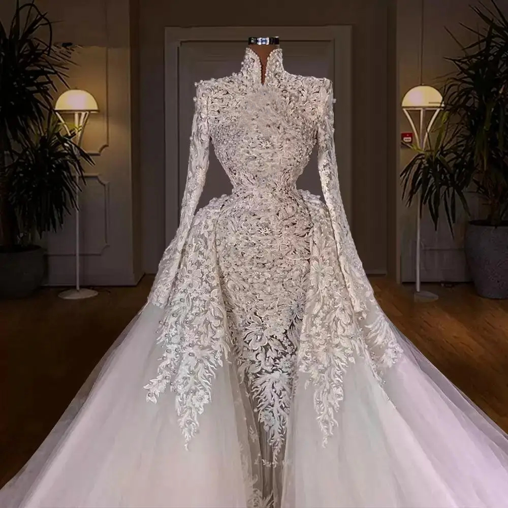High Neck Muslim Wedding Dresses With Lace Appliques Pearls Beaded Ivory Tulle Long Bridal Gowns Detachable Train Arabic Dubai Bride Formal Dress