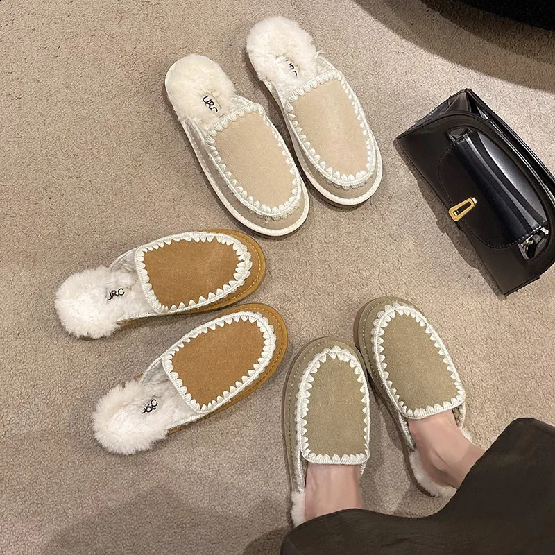 Womens flat shoes round toe casual womens sports shoes sliding on Loafers fur dress winter retro sliding on womens shoes 241213