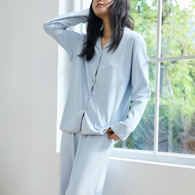 B535-House clothes women autumn and winter solid color suit loose button lapel long sleeve top casual trousers soft waxy outer wear pajamas